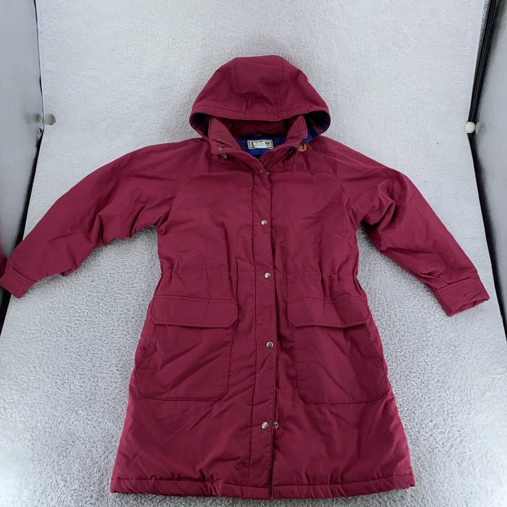 LL Bean Jacket Womens Medium Raspberry Hooded Parka Plaid Lined Made USA Coat